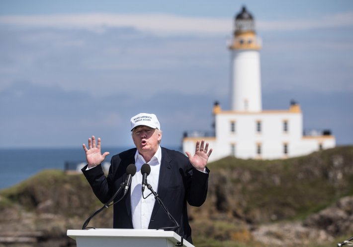  Donald Trump speaking at a press conference on the Trump Turnberry golf course 